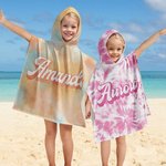 Personalised Quick Dry Tie Dye Colourful Microfiber Kid Hooded Beach Towel Poncho with Name Summer Vacation Party Gift for Boy Girl