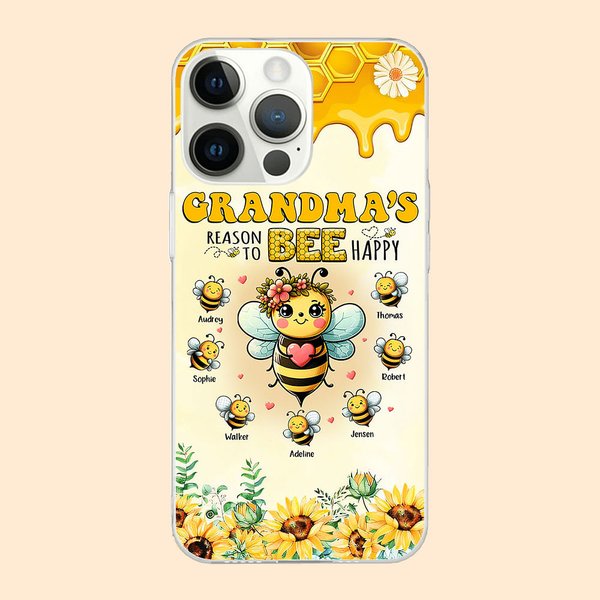 Personalized Mom’s Reason to Bee Happy Phone Case for iPhone with 1-10 Names Family Birthday Gift for Grandma Mom