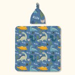 Personalisierte niedlichen Dinosaurier weichen Swaddle Decke und Knoten Hut Set mit Namen Geburtstag Baby Dusche Geschenk für Neugeborene Baby Boy
