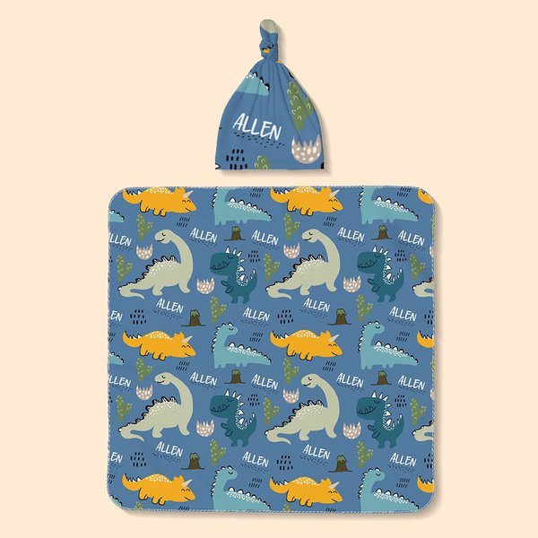 Cadeau d'anniversaire de bébé pour nouveau-né, bébé garçon, couverture d'emmaillotage et bonnet à nœuds personnalisés avec nom.