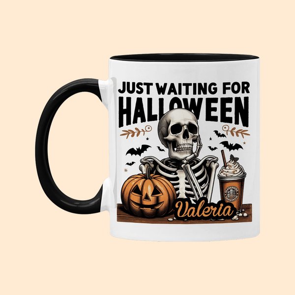Esqueleto personalizado a la espera de Halloween Calabaza 11oz taza de cerámica con nombre Divertido regalo de Halloween de vacaciones para la familia