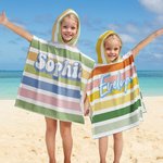 Personalized Vintage Coloured Stripes Soft Quick Dry Kid Hooded Beach Towel with Name Summer Vacation Beach Accessories Gift for Kids