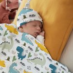 Personalisierte niedlichen Dinosaurier weichen Swaddle Decke und Knoten Hut Set mit Namen Geburtstag Baby Dusche Geschenk für Neugeborene Baby Boy