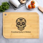 Personalised Sugar Skull Name Wooden Carving Chopping Board with Juice Groove and Grip Day of the Dead Housewarming Gift for Family Friend