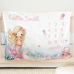 Couverture mensuelle personnalisée rose sirène princesse avec nom Décoration de la chambre d'enfant Cadeau d'anniversaire pour nouveau-né bébé fille