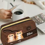 Personalized Cartoon Cat Retro Leather Waterproof Open Wide Makeup Pouch Bag with Name Travel Essentials Birthday Gift for Women Pet Lovers