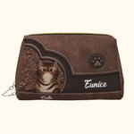 Personalized Cartoon Cat Retro Leather Waterproof Open Wide Makeup Pouch Bag with Name Travel Essentials Birthday Gift for Women Pet Lovers