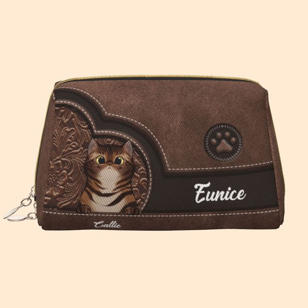 Personalisierte Weitöffnende Wasserdichte Retro Cartoon Katze PU-Leder Kosmetiktasche mit Namen Geburtstag Geschenk für Damen Katzenliebhaber