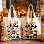 Sac en Toile Personnalisé avec Nom Style Fantôme Citrouille Trick or Treat Cadeau Fête Halloween pour Enfant