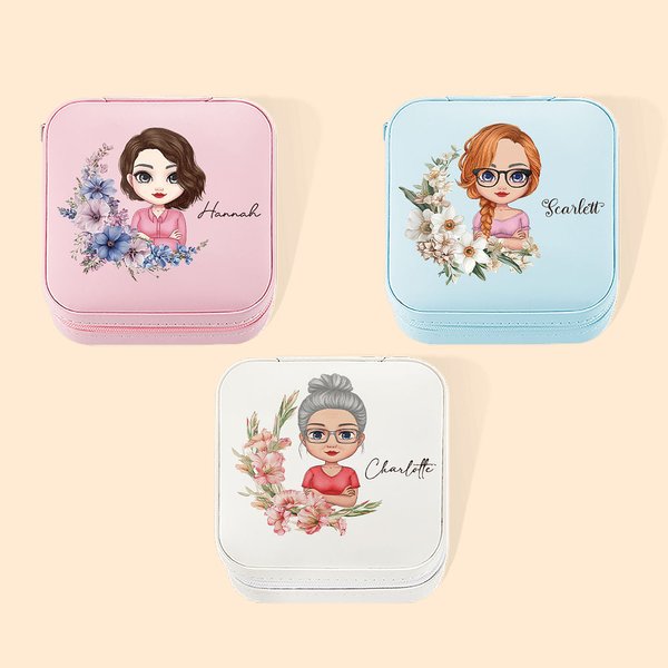 Personalizado portátil de dibujos animados Personajes Joyero de viaje con la flor de nacimiento Cumpleaños Regalo de boda para las mujeres