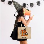 Personalisierte Halloween Cartoon-Charakter Jute Tasche mit Kürbis Süßigkeiten Tote Bag mit Initiale und Namen Süßes oder Saures Geschenk für Kinder