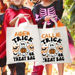 Sac en Toile Personnalisé avec Nom Style Fantôme Citrouille Trick or Treat Cadeau Fête Halloween pour Enfant