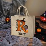 Personalisierte Halloween Cartoon-Charakter Jute Tasche mit Kürbis Süßigkeiten Tote Bag mit Initiale und Namen Süßes oder Saures Geschenk für Kinder