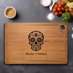Personalised Sugar Skull Name Wooden Carving Chopping Board with Juice Groove and Grip Day of the Dead Housewarming Gift for Family Friend