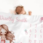 Couverture mensuelle personnalisée rose sirène princesse avec nom Décoration de la chambre d'enfant Cadeau d'anniversaire pour nouveau-né bébé fille