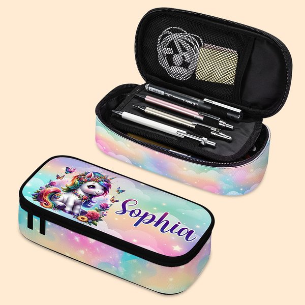 Estuche portalápices grande personalizado con nombre de unicornio de fantasía floral arco iris Regalo de cumpleaños de vuelta al cole para niñas