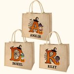 Personalized Cartoon Character Pumpkin Design Trick or Treat Sweets Jute Tote Bag with Initial & Name Halloween Party Favors Gift for Kids