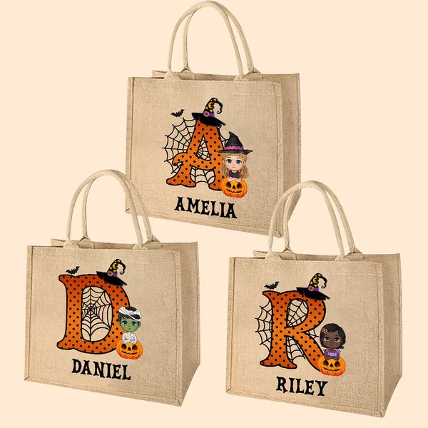 Personalized Cartoon Character Pumpkin Design Trick or Treat Sweets Jute Tote Bag with Initial & Name Halloween Party Favors Gift for Kids