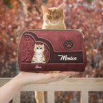 Personalized Cartoon Cat Retro Leather Waterproof Open Wide Makeup Pouch Bag with Name Travel Essentials Birthday Gift for Women Pet Lovers
