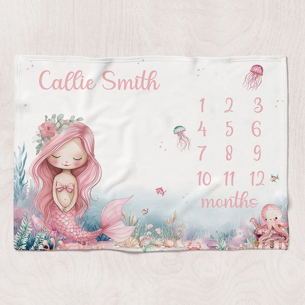 Couverture mensuelle personnalisée rose sirène princesse avec nom Décoration de la chambre d'enfant Cadeau d'anniversaire pour nouveau-né bébé fille