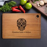 Personalised Sugar Skull Name Wooden Carving Chopping Board with Juice Groove and Grip Day of the Dead Housewarming Gift for Family Friend