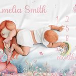 Couverture mensuelle personnalisée rose sirène princesse avec nom Décoration de la chambre d'enfant Cadeau d'anniversaire pour nouveau-né bébé fille