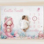Couverture mensuelle personnalisée rose sirène princesse avec nom Décoration de la chambre d'enfant Cadeau d'anniversaire pour nouveau-né bébé fille