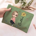 Personalized Multiple Colour Cartoon Character Birth Flower Canvas Makeup Bag with Name Travel Accessories Birthday Bridal Party Gift for Women Girls