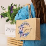 Personlig fødselsblomstkrans Gjenbrukbar jutepose med navn Reisetilbehør Bursdagsgave til kvinner Jenter