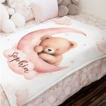 Gepersonaliseerde Dromerige Maan Slapende Teddybeer Zachte Knuffeldeken met Naam Kraamkamer Decor Verjaardag Baby Shower Gift voor Pasgeborenen Jongen