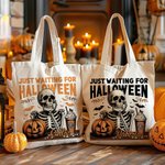 Gepersonaliseerde Gewoon Wachten Op Halloween Pompoen Schedel Herbruikbare Canvas Draagtas met Naam Halloween Cadeau voor Vriend Familie