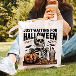 Gepersonaliseerde Gewoon Wachten Op Halloween Pompoen Schedel Herbruikbare Canvas Draagtas met Naam Halloween Cadeau voor Vriend Familie