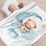 Gepersonaliseerde Dromerige Maan Slapende Teddybeer Zachte Knuffeldeken met Naam Kraamkamer Decor Verjaardag Baby Shower Gift voor Pasgeborenen Jongen
