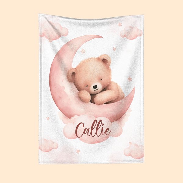 Manta de peluche personalizada con nombre Dreamy Moon Sleeping Teddy Bear Soft Cozy Blanket Nursery Room Decor Birthday Baby Shower Gift for Newborns 