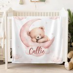 Gepersonaliseerde Dromerige Maan Slapende Teddybeer Zachte Knuffeldeken met Naam Kraamkamer Decor Verjaardag Baby Shower Gift voor Pasgeborenen Jongen