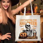 Gepersonaliseerde Gewoon Wachten Op Halloween Pompoen Schedel Herbruikbare Canvas Draagtas met Naam Halloween Cadeau voor Vriend Familie