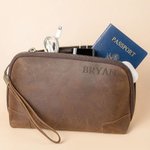 Personalized Genuine Leather Travel Electronics Accessories Bag with Engraved Text Multi-Compartment Birthday Father's Day Gift for Men
