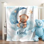 Gepersonaliseerde Dromerige Maan Slapende Teddybeer Zachte Knuffeldeken met Naam Kraamkamer Decor Verjaardag Baby Shower Gift voor Pasgeborenen Jongen
