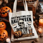 Gepersonaliseerde Gewoon Wachten Op Halloween Pompoen Schedel Herbruikbare Canvas Draagtas met Naam Halloween Cadeau voor Vriend Familie