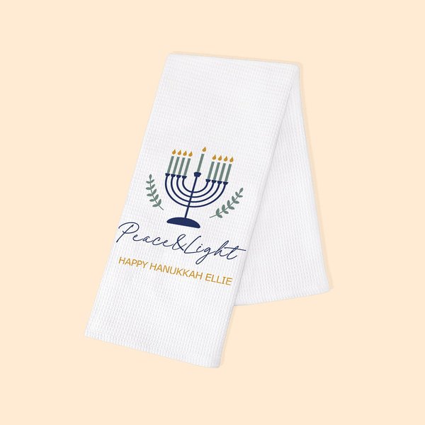 Personalized Hanukkah Menorah 100% Cotton Waffle Tea Towel with Text Home Kitchen Decor Hanukkah Gift for Jewish Family