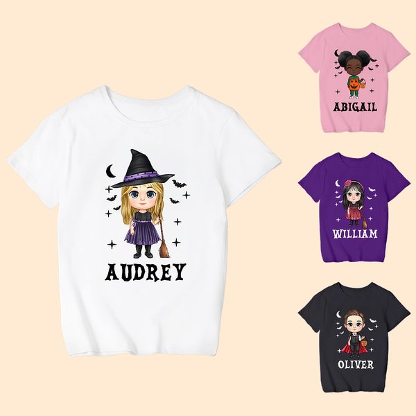 Personaje de dibujos animados personalizado Murciélago Niño 100% algodón Adulto Camiseta con nombre Halloween Regalo para la familia amigo