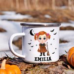 Taza esmaltada personalizada de 11oz con el nombre del personaje de dibujos animados murciélagos fantasmas Halloween Spooky Season Gift for Kids