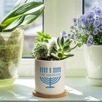 Personalized Hanukkah Menorah Ceramic Succulent Planter Pot with Drainage and Bamboo Tray Home Decor Hanukkah Gift for Jewish