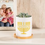Personalized Hanukkah Menorah Ceramic Succulent Planter Pot with Drainage and Bamboo Tray Home Decor Hanukkah Gift for Jewish