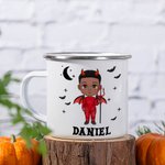 Taza esmaltada personalizada de 11oz con el nombre del personaje de dibujos animados murciélagos fantasmas Halloween Spooky Season Gift for Kids