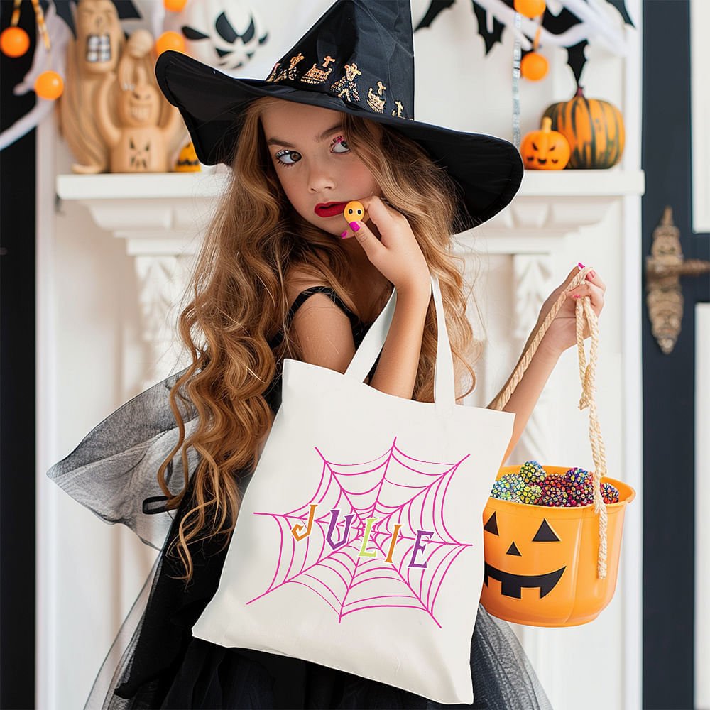 Personalized Spider Webs Halloween Canvas Tote Bag with Name Trick or Treat Halloween Party Favors Gift for Kids 5