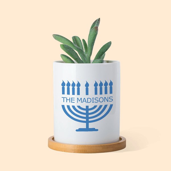 Personalized Hanukkah Menorah Ceramic Succulent Planter Pot with Drainage and Bamboo Tray Home Decor Hanukkah Gift for Jewish
