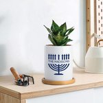 Personalized Hanukkah Menorah Ceramic Succulent Planter Pot with Drainage and Bamboo Tray Home Decor Hanukkah Gift for Jewish