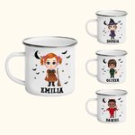 Taza esmaltada personalizada de 11oz con el nombre del personaje de dibujos animados murciélagos fantasmas Halloween Spooky Season Gift for Kids