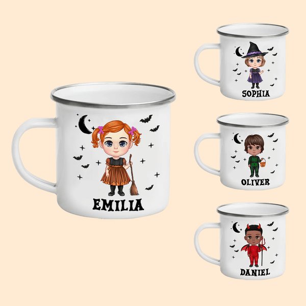 Tasse en Émail 350ml Personnalisée avec Nom et Personnage Cartoon Style Fantôme Chauve-Souris Cadeau Halloween pour Enfant